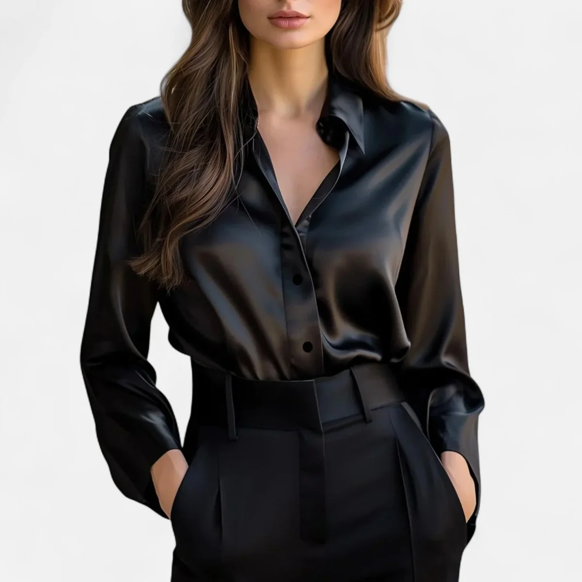 Eliaro Moda | Blusa Negra de Satén para Mujer de Manga Larga – Elegancia Atemporal, Sofisticación Moderna - Imagen 2