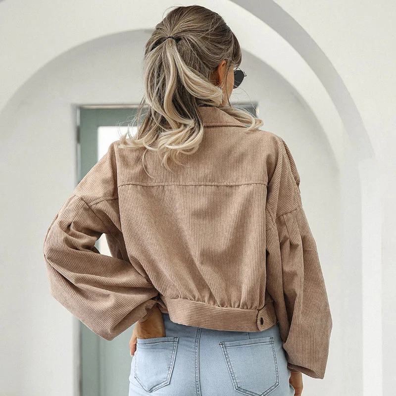 Chaqueta de Pana con Corte Cropped y Botones Frontales con Cuello Solapa para Mujer - Imagen 9