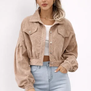 Chaqueta de Pana con Corte Cropped y Botones Frontales con Cuello Solapa para Mujer