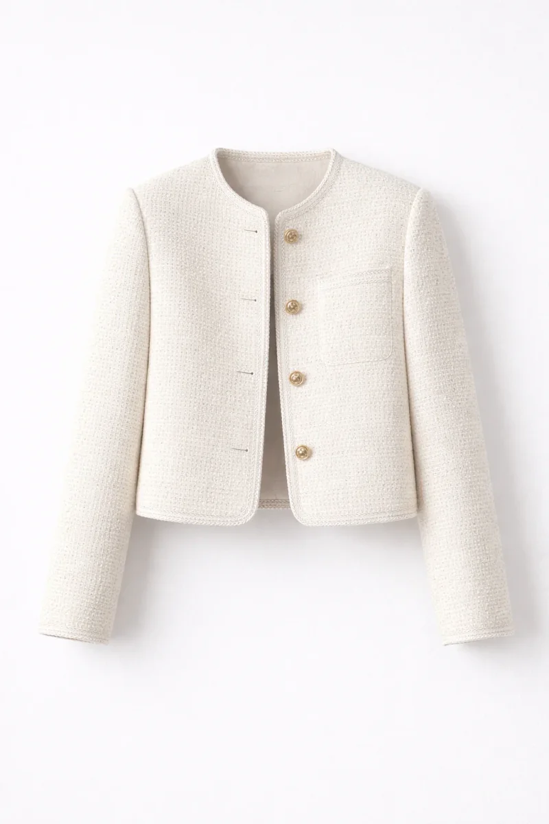 Chaqueta Corta de Estilo Tweed con Botones Decorativos y Cuello Redondo para Mujer - Imagen 3