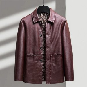 Chaqueta de Cuero Sintético para Hombre con Botones y Cuello Camisero