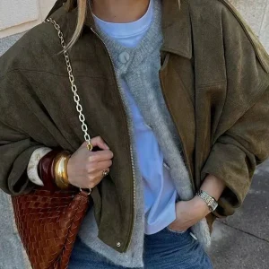 Chaqueta Bomber de Ante para Mujer Estilo Oversize con Cierre de Cremallera