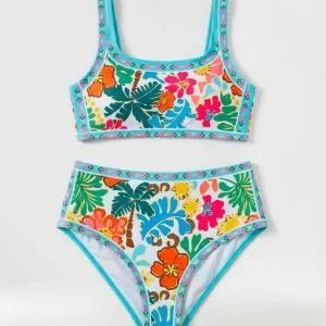 Bañador de Dos Piezas de Talle Alto con Estampado de Flores y Escote Cuadrado