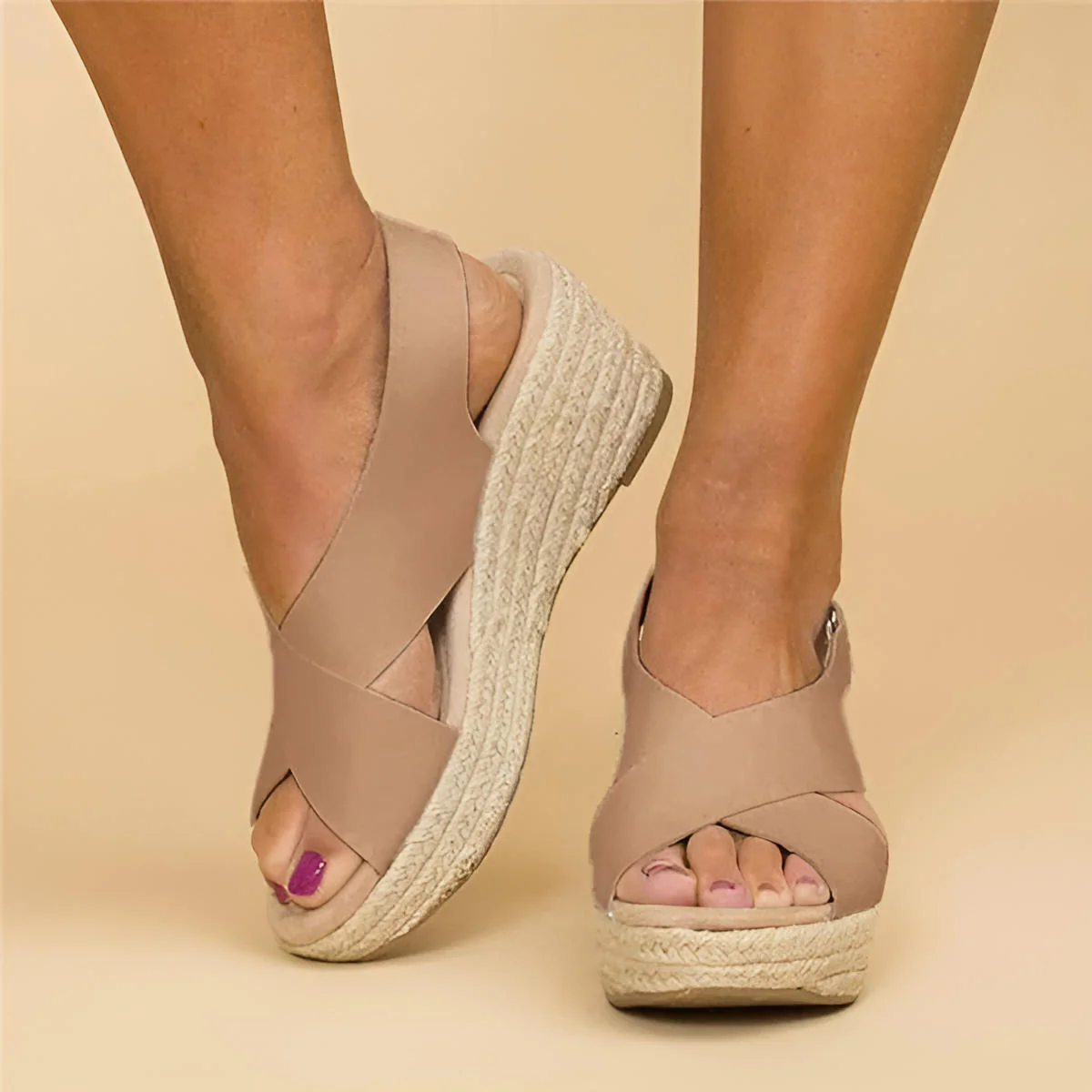 Sandalias de Cuero con Cuña Tipo Alpargata y Tiras Cruzadas para Mujer