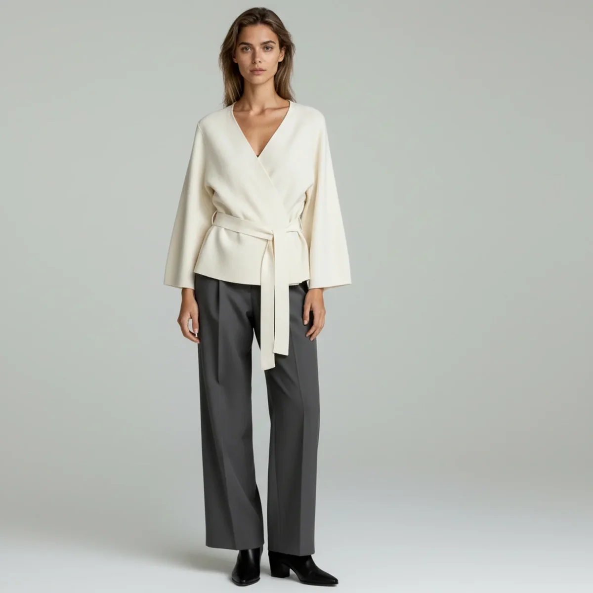 Blazer de Punto con Cinturón y Almohadillas en los Hombros para Mujer con Cuello en V - Imagen 2